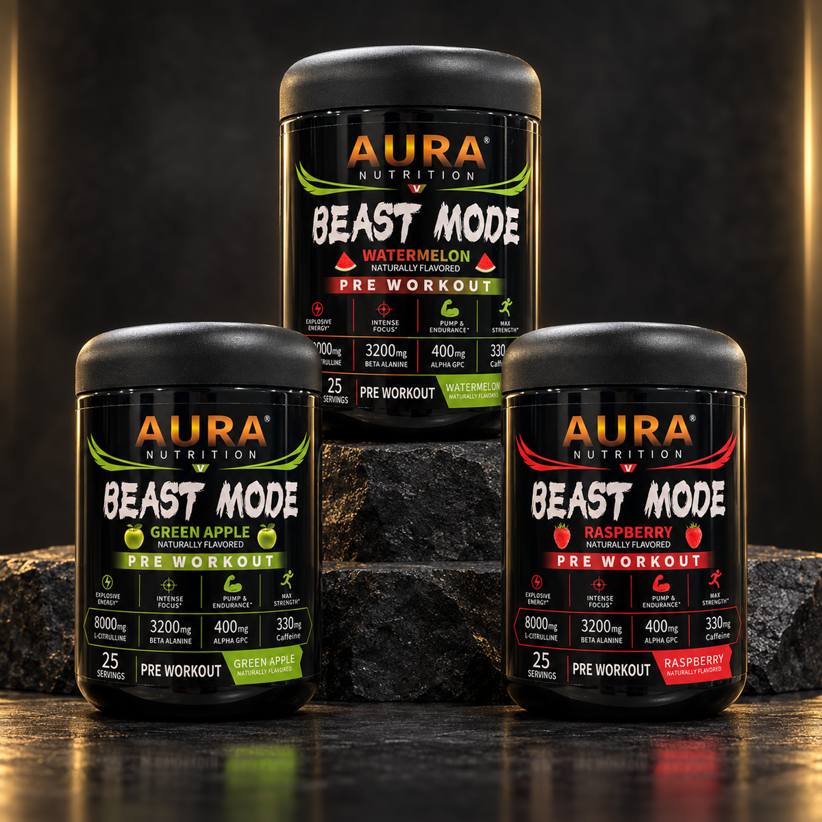 Aura Nutrition Beast Mode Pre-Workout – High-Stim Energy, Focus & Pump | 25 Servings